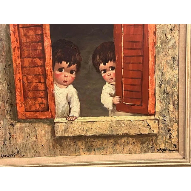 This painting features two children with big brown eyes peeking behind red-slatted shutters. The innocence on their faces...
