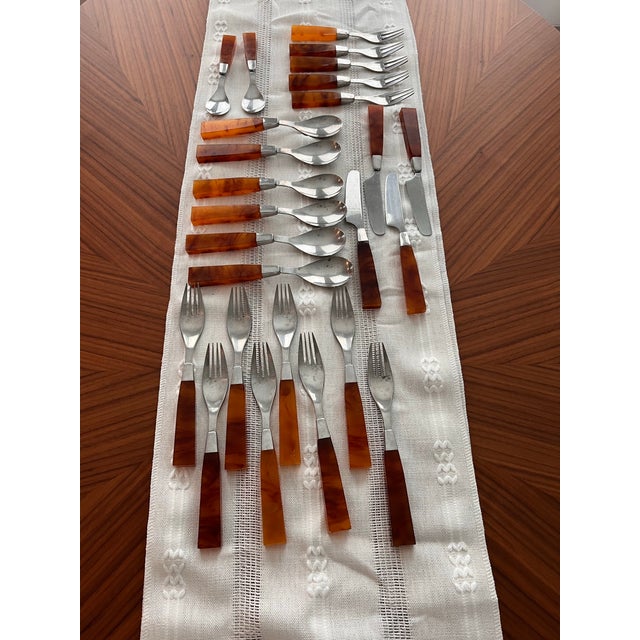 Mid-Century Modern 1950s Faux Tortoise Shell Bakelite and Stainless Flatware by Supreme Cutlery Japan- 24 Pieces For Sale - Image 3 of 7