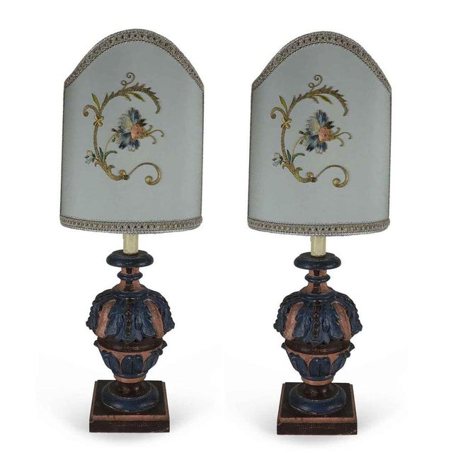 Pair of Antique Embroidery Living Room Lamps, crafted from two carved wooden vases featuring lacquered plant motifs in...
