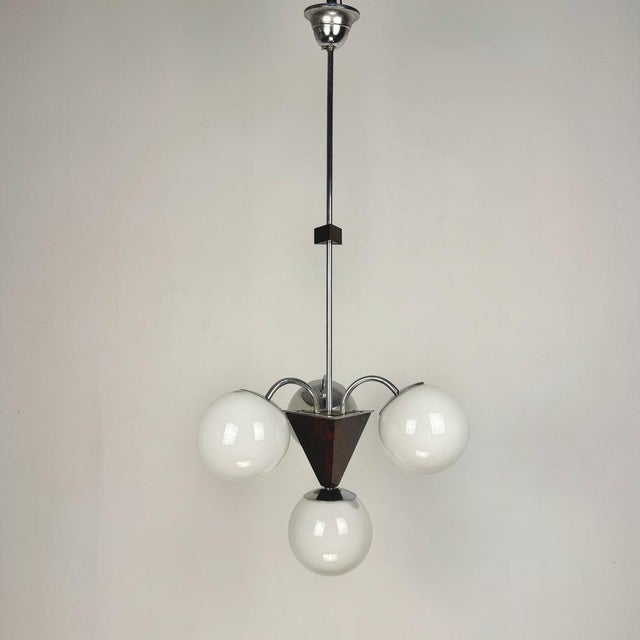1930s Art Deco Bauhaus Style Wood and White Glass Globes Pendant Light, 1930s For Sale - Image 5 of 10