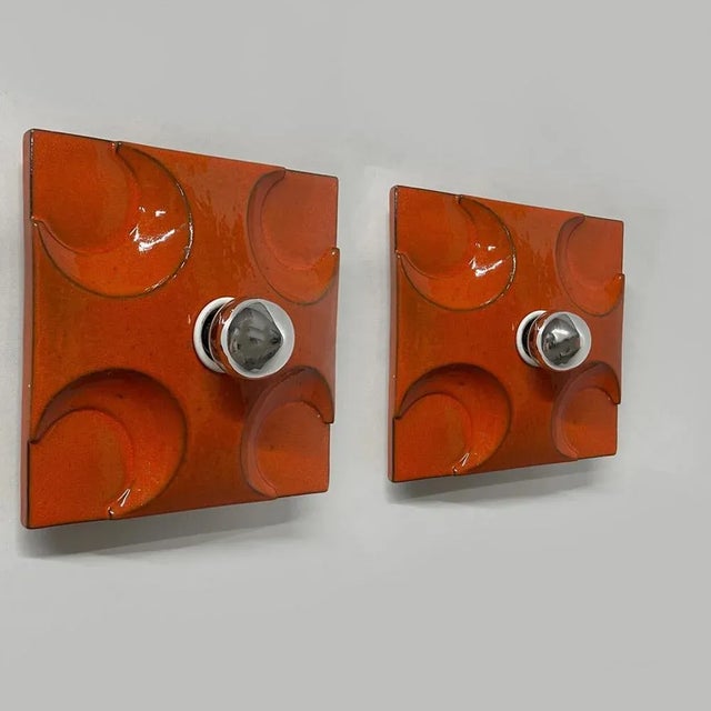 German Orange Square Ceramic Wall Lights, 1970, Set of 2 For Sale - Image 3 of 11