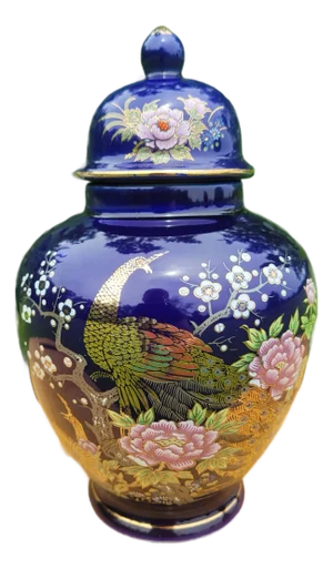 Late 20th Century Japanese Cobalt Blue Peacock & Peony Ginger Jar
