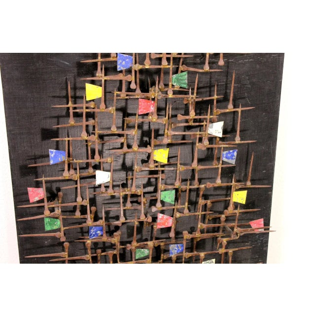 1960s Mid Century Brutalist Nail Sculpture Wall Hanging With Enamel Accents Curtis Jere Style For Sale - Image 5 of 12