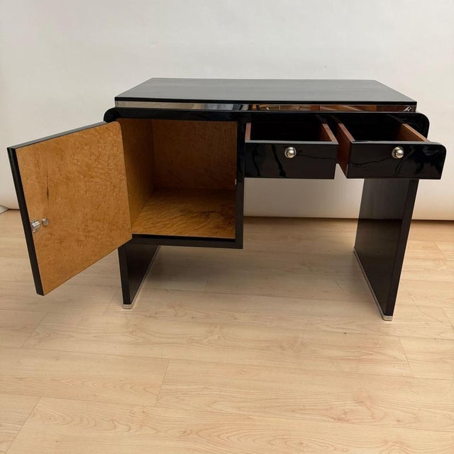 Small Art Deco Desk in Black Lacquer, Nickel, and Bird's Eye Maple, France, 1930s For Sale - Image 3 of 18