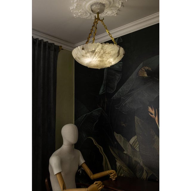 Large French Art Deco Alabaster Pendant Light with Brass Chain, 1920s For Sale - Image 13 of 18