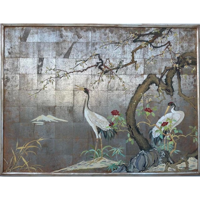 Title Large Japanese Chinoiserie Crane Painting on wood Panel with Silver, Gold, & Copper Leaf Art Deco, Framed...
