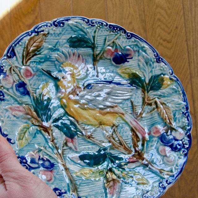 Antique Bird Plate in Wasmüel Majolica, 1880 For Sale - Image 6 of 9