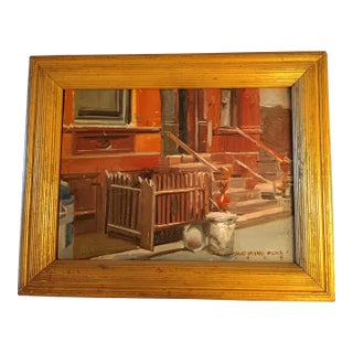 “Greenwich Village Stoop” Nyc Cityscape Ashcan School Original Framed Oil Painting by David Beynon Pena For Sale