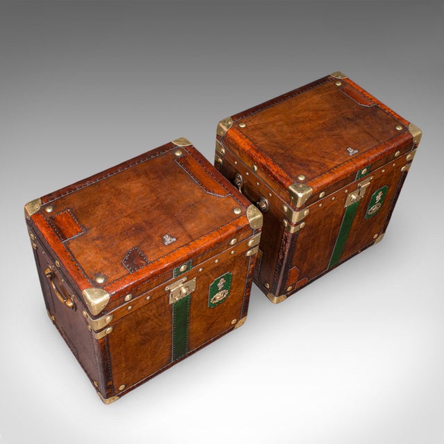 Brown Late Vintage Pair of Luggage Cases, English, Leather Trunk, Campaign, Nightstand For Sale - Image 8 of 12