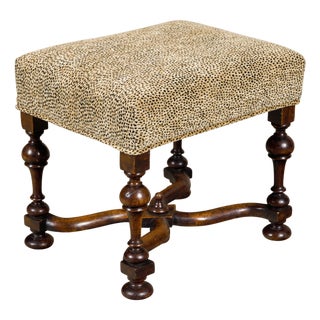 William and Mary Style English 1900s Stool with Turned Legs and X-Form Stretcher For Sale