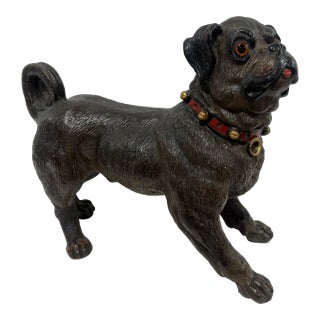 English Terracotta Pug Dog Sculpture With Glass Eyes, Early 20th Century For Sale