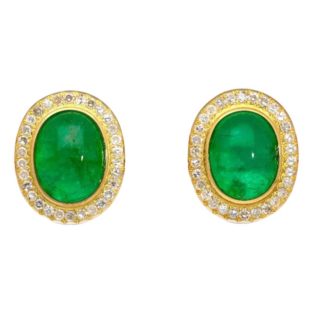 8.47 Carat Cabochon Emerald and Diamond Halo Stud Earrings - 2 Pieces For Sale