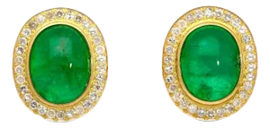 8.47 Carat Cabochon Emerald and Diamond Halo Stud Earrings - 2 Pieces