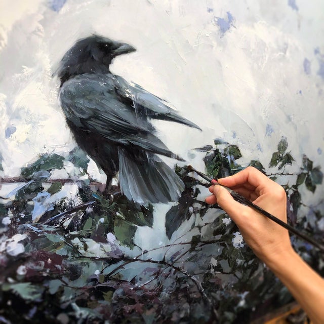 Contemporary First Snow by Lindsey Kustusch | Oil On Panel Raven perched on a bush in a snowy landscape. For Sale - Image 3 of 5
