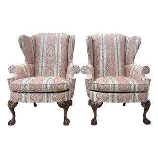 Vintage Southwood Queen Anne Wingback Lounge Chairs With Carved Claw Feet – Pair For Sale