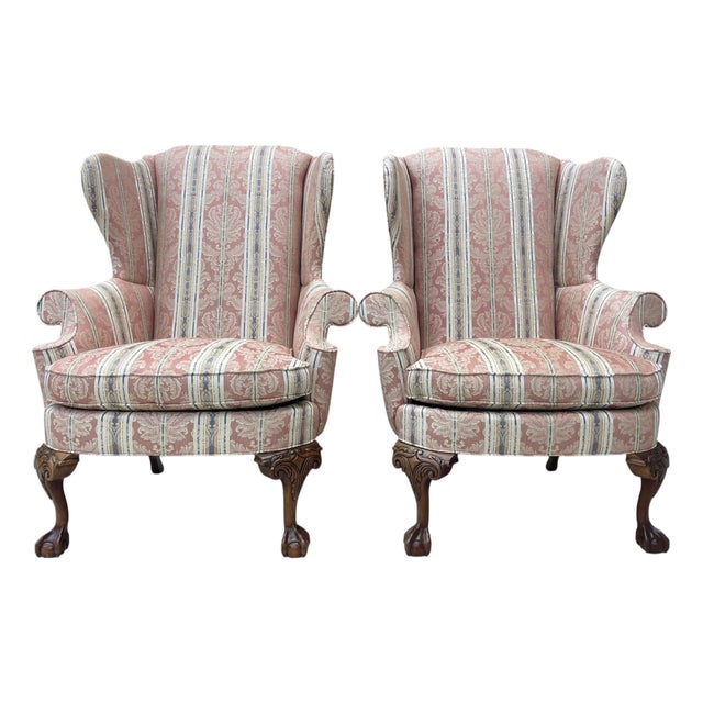 Vintage Southwood Queen Anne Wingback Lounge Chairs With Carved Claw Feet – Pair For Sale