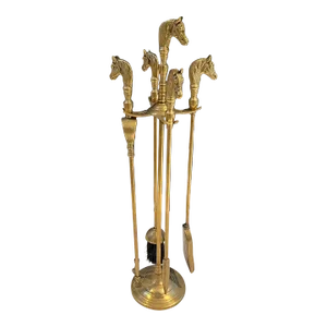 Circa 1970 Neoclassical Style Brass Horse Heads Fireplace Tools on Stand, French Work in the Syle of Maison Jansen- 5 Pieces