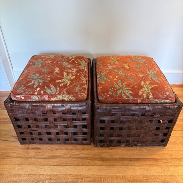 Late 20th Century Kincaid Woven Wicker Ottomans Lee Jofa Jungle Upholstery Cushions, a Pair For Sale - Image 9 of 9