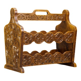 Vintage Dutch Carved Wooden Magazine Rack in Frisian Notch Cut Technique For Sale