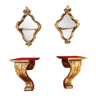 Mid 20th Century Gilt Painted Wall Brackets and Mirrors - 4 Piece Set For Sale