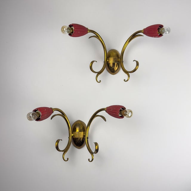 Mid-Century Modern Vintage Italian Red Brass Wall Sconces, 1950s, Set of 2 For Sale - Image 3 of 18