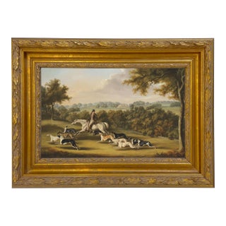 Horse and Hunter With Hounds Painting Reproduction Print on Canvas, 10x16", Antiqued Gold Wood & Gesso Frame For Sale