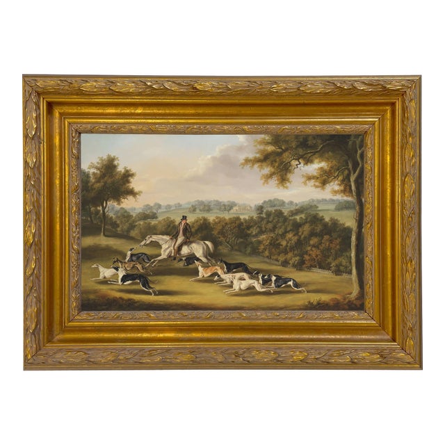 Horse and Hunter With Hounds Painting Reproduction Print on Canvas, 10x16", Antiqued Gold Wood & Gesso Frame For Sale