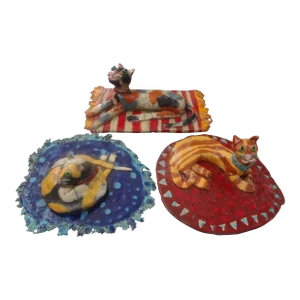Set of Three 1980s Glazed Pottery Cat Sculptures