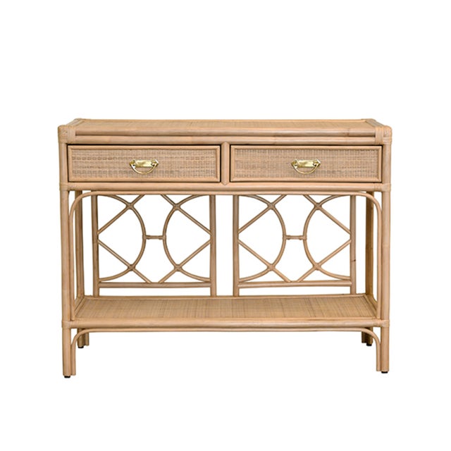 Tan Matthew Izzo Home - Gideon Natural Rattan Tow Drawer Console Table With Decorative Back For Sale - Image 8 of 8
