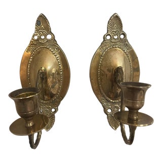 Early 20th Century Small Brass Wall Plate Candle Sconces - a Pair For Sale