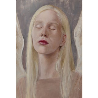 Passage by Kristen Santucci | Oil on Aluminum Panel Portrait of a woman with closed eyes and light hair For Sale