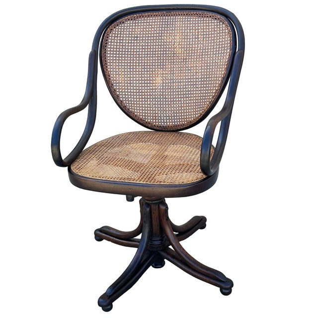 Traditional Antique Vienna Secession Bent Oak & Cane Swivel Desk Chair No 11 by Thonet For Sale - Image 3 of 8