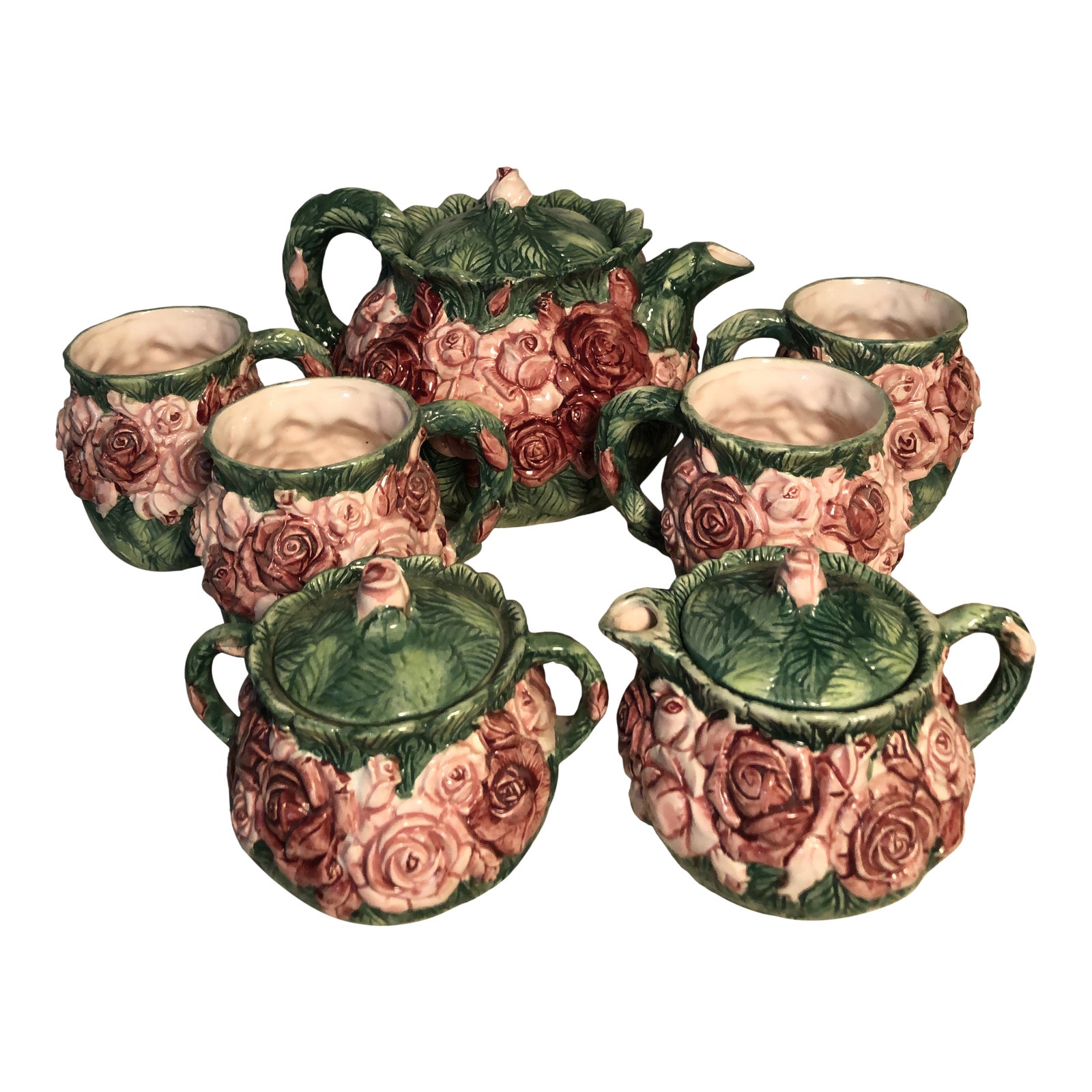 Vintage Haldon Group Rose Majolica Tea Set 7 Pieces Chairish