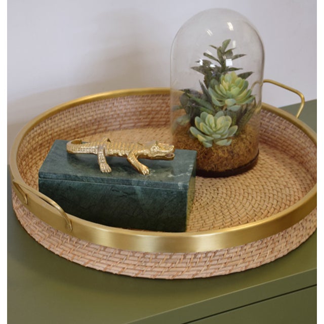 Worlds Away Matthew Izzo Home Babs 18" Natural Rattan & Brass Serving Tray For Sale - Image 4 of 5