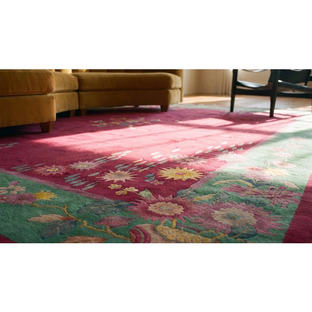 Textile 1920s Pink Blush Floral Modern Antique Chinese Art Deco Rug 8'9" X 11'4" Wool Handknotted Carpet For Sale - Image 7 of 9