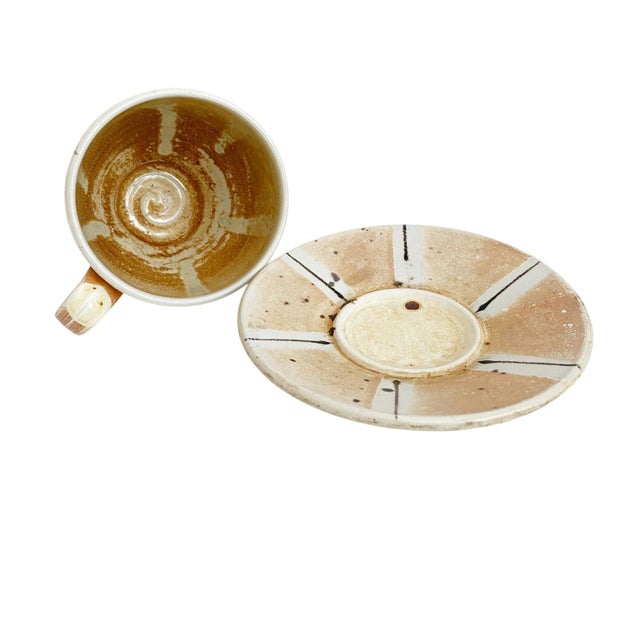 1990s Ceramic Coffee Cup and Saucer Set, Wabi Sabi Studio Pottery Mug, Earthy Striped Tea Cup, Unique Artisan Stoneware Gift for Coffee Lover For Sale - Image 4 of 6