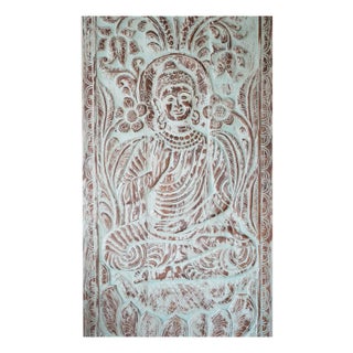 Buddha Wall Art Reclaimed Wood Bluewash Vitarka – Hand-Carved Yoga Decor 83x36 For Sale