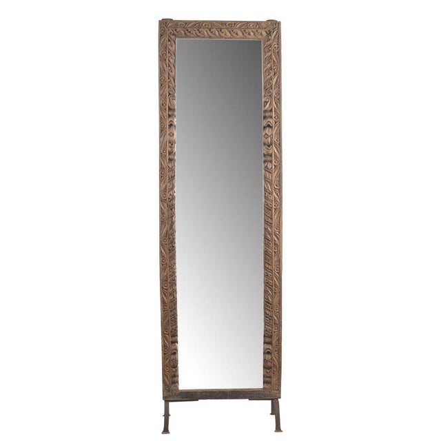 Farmhouse Vintage Indian Carved Teakwood Mirror on Iron Legs For Sale - Image 3 of 4