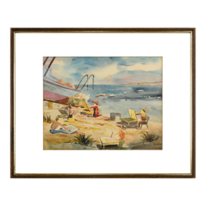 Art Class on the Beach, Vintage Bay Area Coast Figural Landscape Watercolor by Sewall Smith