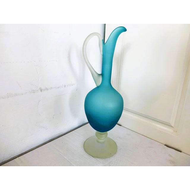 Turquoise and White Sandblasted Glass Carafe, 1970s For Sale - Image 13 of 18
