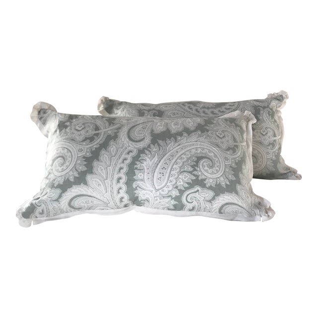 Paisley Designer Linen Pillows With Pleated Flange Border in Grayish Green and White - Set of 2 For Sale