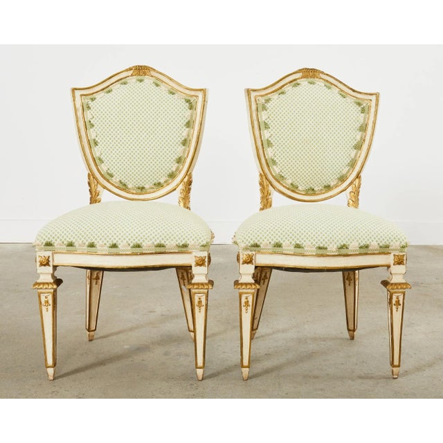Set of Four Venetian Parcel Gilt Painted Shield Back Dining Chairs For Sale - Image 4 of 13