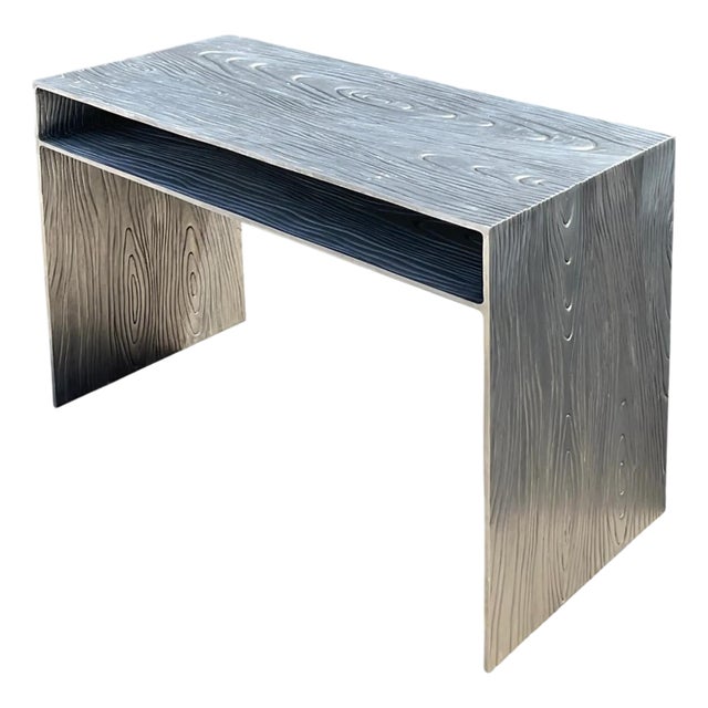 Vintage Wood Grain Metal Console Table For Sale