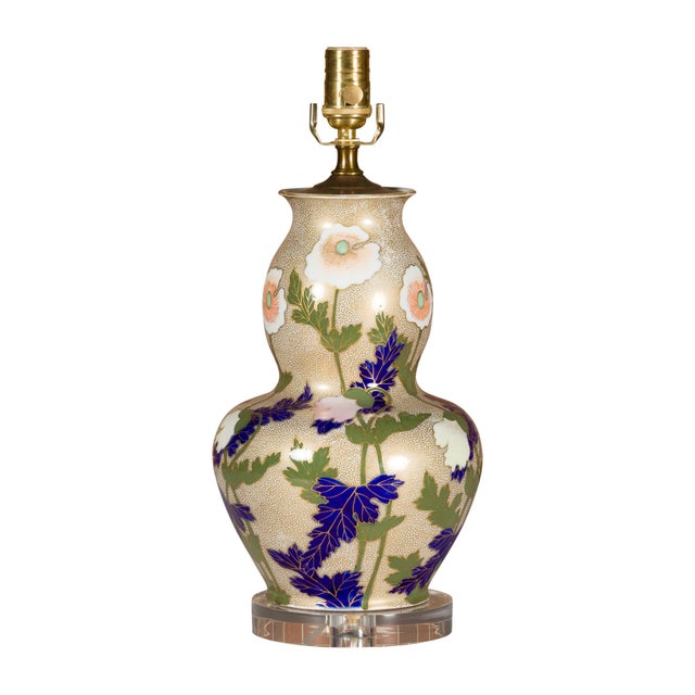 Mid 20th Century French Porcelain Bulbous Table Lamp with Floral Décor on Lucite Base For Sale - Image 4 of 12