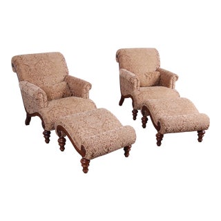 Drexel Heritage Upholstered Lounge Chairs and Ottomans, Pair For Sale