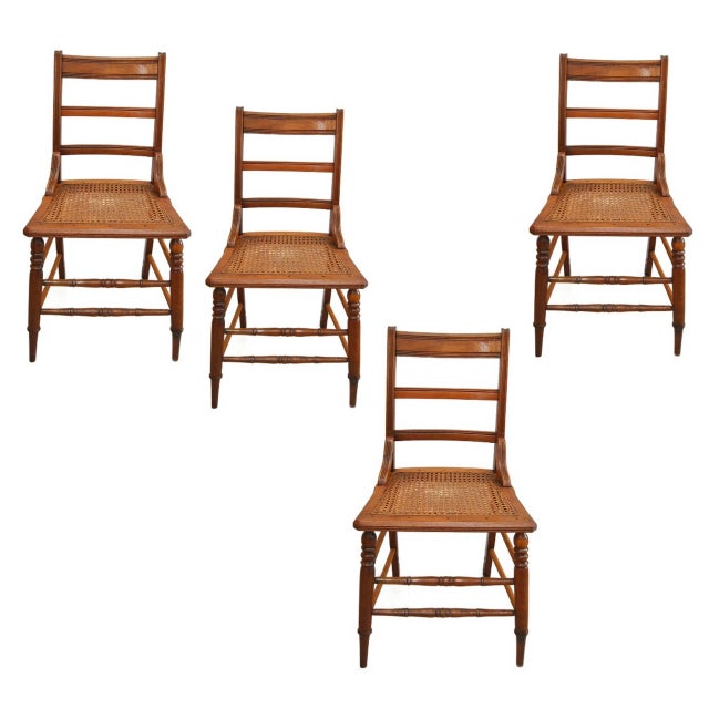 Antique American Classical Walnut Wood Chairs With Caned Seats - Set of 4 For Sale - Image 14 of 14