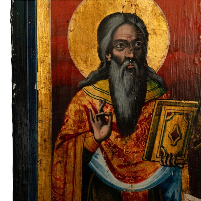 Paint Antique Greek Eastern Orthodox Religious Painted Icon Egg Tempera 3 Saints 1780 For Sale - Image 7 of 15
