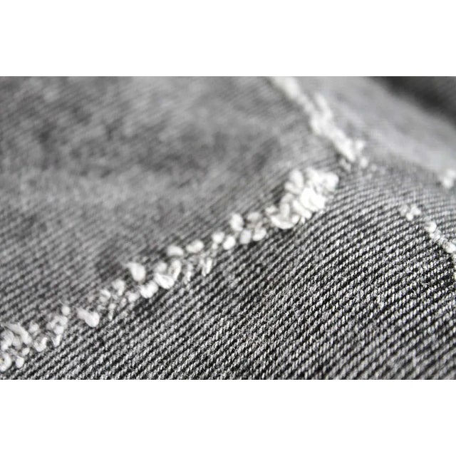 Gray Stone Washed Linen Pillows With Diamond Frayed Details For Sale - Image 4 of 5