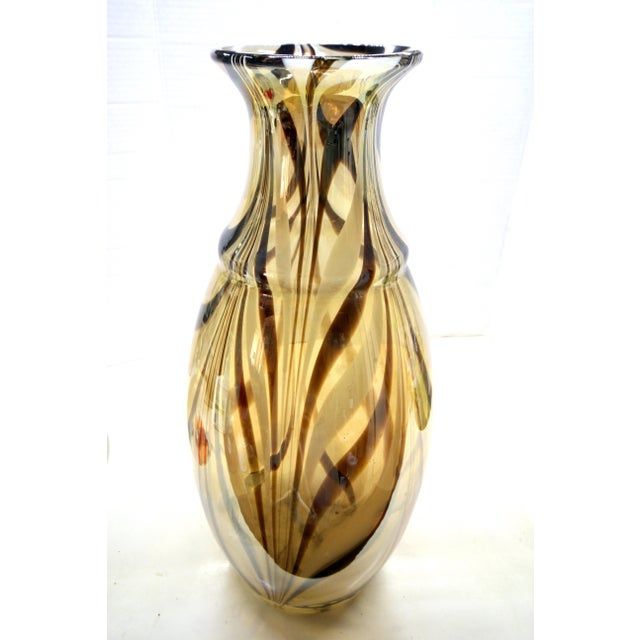1980s 1960s Maestro Carlo Moretti-Style Murano Amber & Espresso Swirl Vase Cased Glass - 14" For Sale - Image 5 of 11