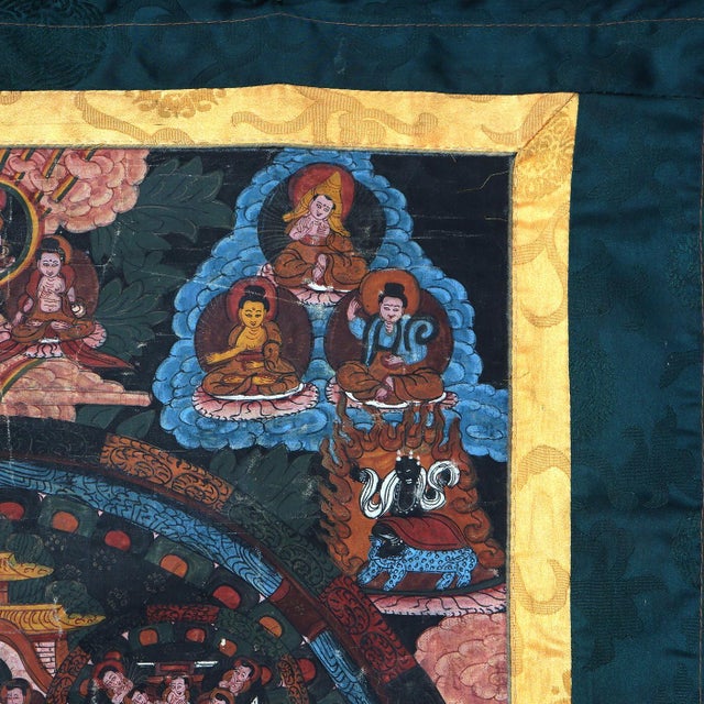 Forest Green Antique Tibetan Hand Painted Silk and Canvas Thangka with Figures, Circa 1920 For Sale - Image 8 of 12